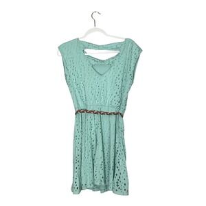 Sequin Hearts Eyelet Dress Aqua Blue Size M Belted Back Cutout Summer Casual‎